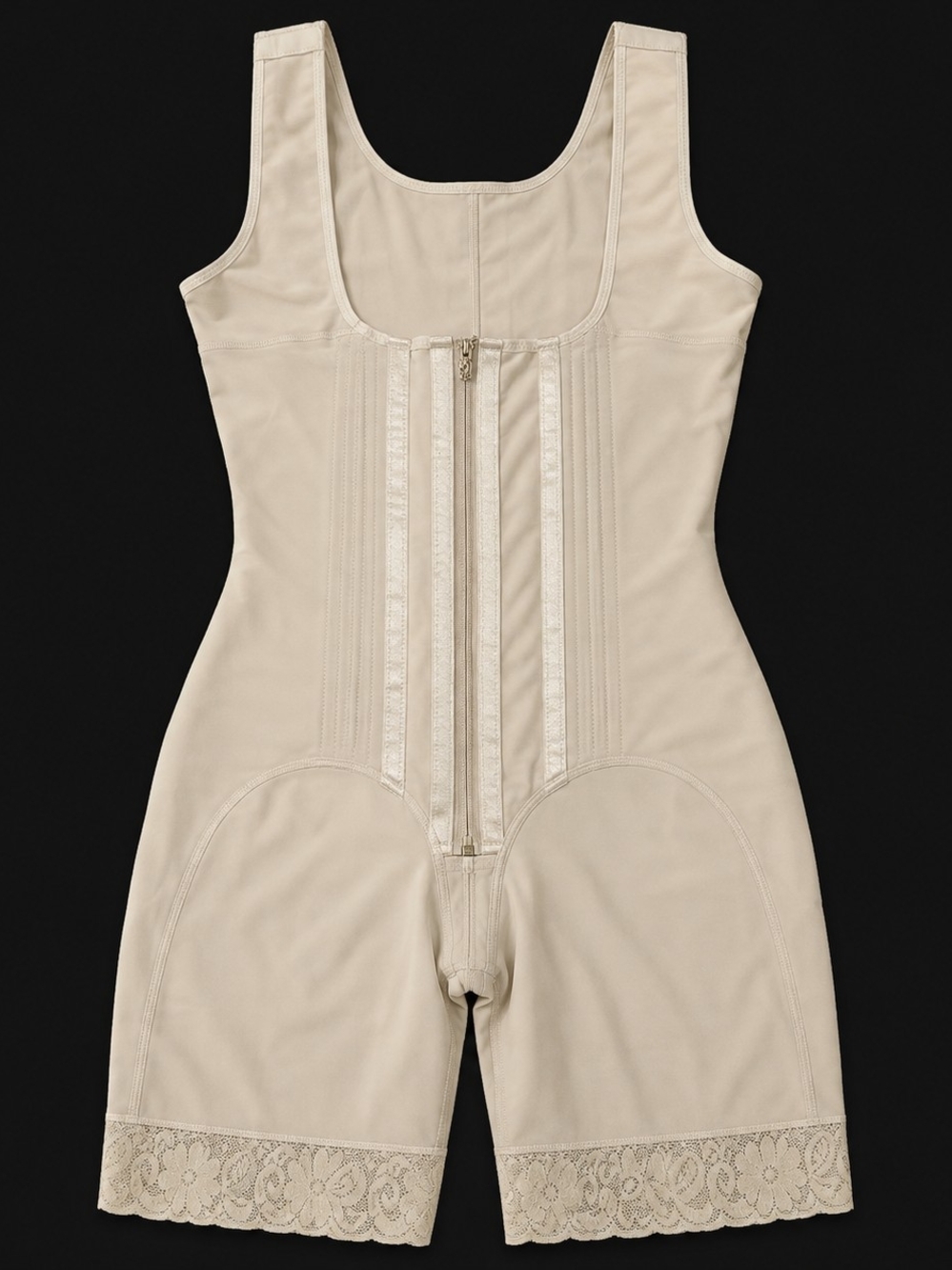 Shapewear Zip-Front Sculpting Bodysuit Shorts in Beige